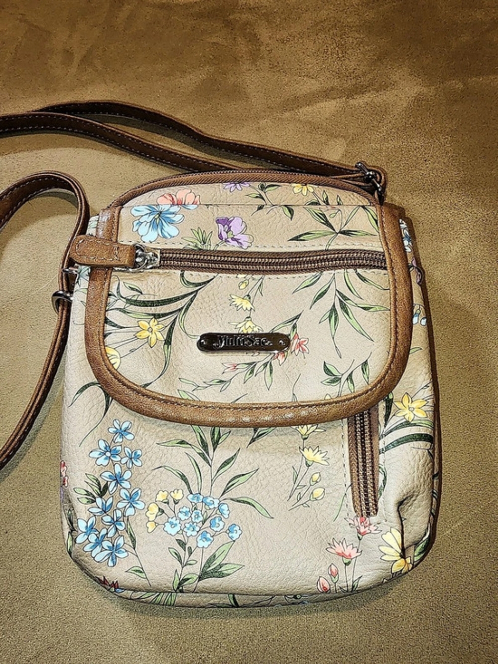 Multisacrest mini cross body bag featuring floral print with brown trim 6x7